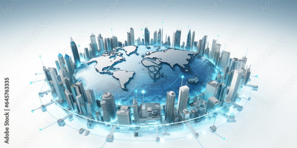 Poster global iot and internet connectivity world map on white background, illuminating in light blue, depi