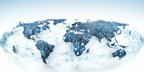 Global IoT and Internet Connectivity World Map on White Background, Illuminating in Light Blue, Depicting the High-Tech Digital Network, Worldwide Communication and Cyber Connectivity