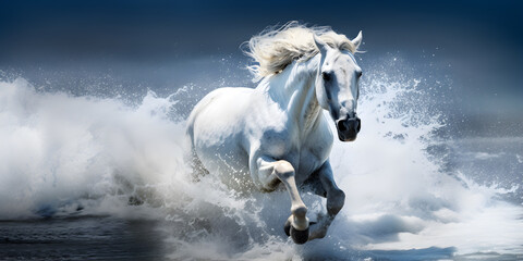 White horse running across the water