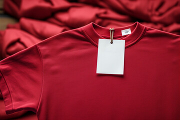 a red shirt with a white tag attached to it