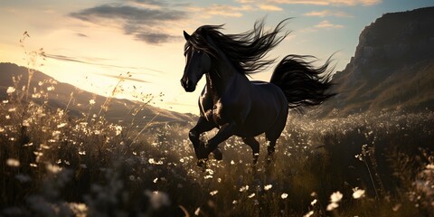 Black horse running across the small flowers bed