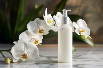 Obraz na płótnie Canvas A white orchid blooms beside a bottle of moisturizing lotion