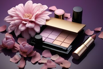 Obraz na płótnie Canvas an assortment of cosmetics and a flower on a purple surface