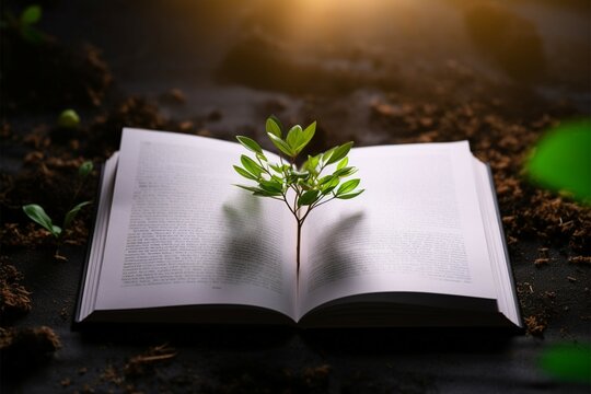 an open book with a plant on top of it