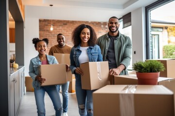 Friends come assist a young family moving into their new home, creating a supportive environment.