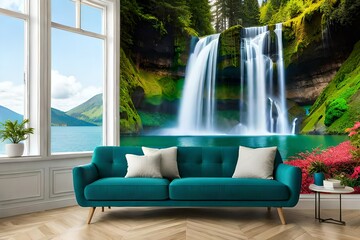Fototapeta na wymiar modern living room with sofa and beautiful painted wall generated by AI tool