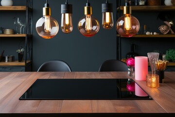Chic dining table with pendant light bulbs cascading from above