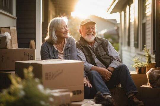 Senior couple on a porch with moving boxes, downsizing to their new, cozy home.