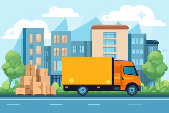  illustration depicting furniture delivery - a truck filled with boxed furniture for relocation support.