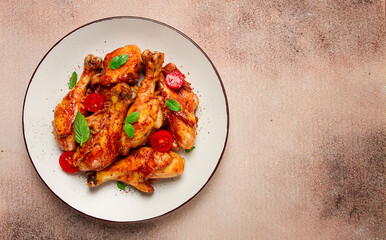 fried chicken legs, in soy sauce, spices, herbs, top view, homemade,