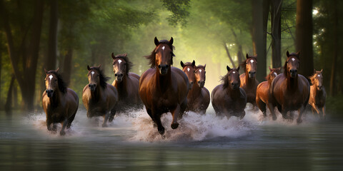 Horses group running across the water