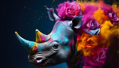 Head shot of rhinoceros ornate with flowers. Side view - obrazy, fototapety, plakaty