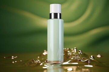 Green themed background highlights 3D rendered white serum cosmetics mockup