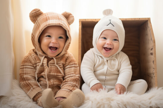 Two adorable siblings in brown clothes, a baby boy and girl, share love and joy in their warm home during winter