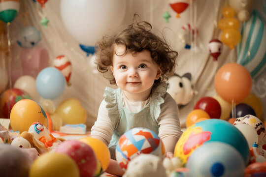 Little ones celebrate a colorful first birthday, surrounded by balloons, toys, and the joy of childhood in a fun-filled indoor party