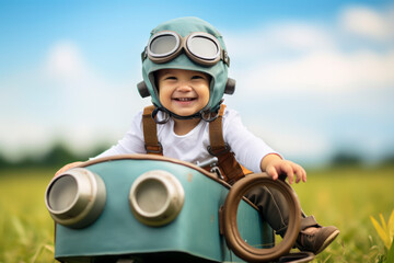 Young Caucasian boy embraces his aviator dreams, playing with a toy plane in a summer park, igniting his imagination and sense of adventure - obrazy, fototapety, plakaty