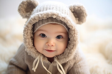 Fototapeta na wymiar Sweet baby boy in a cozy hat and warm attire enjoys his first encounter with the winter wonderland, radiating happiness and innocence