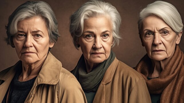 Studio image of seniors with diverse skin tones, stylish grey hair, and anger. Generative AI