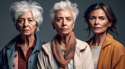 Seniors, expressing anger, feature various skin tones and stylish grey hair in a studio. Generative AI