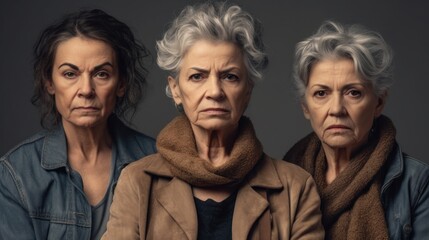 Fototapeta premium Angry senior women with different skin tones, grey hair, neutral attire in a studio scene. Generative AI