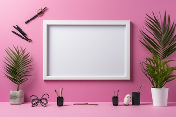 Office supplies frame a white frame on a vibrant pink backdrop - obrazy, fototapety, plakaty