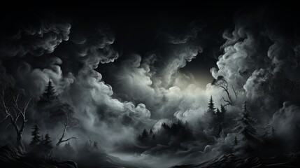 Clouds of smoke, steam, fog and white foggy vapor float on a black background