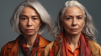 Fototapeta premium Two angry seniors, both with stylish grey hair and neutral attire, standing in a studio setting. Generative AI