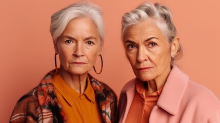 Senior women expressing anger in a studio, featuring diverse skin tones and stylish grey hair. Generative AI