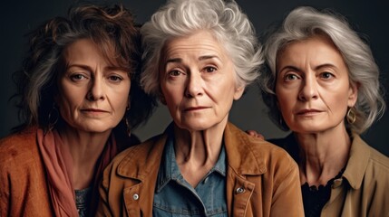Fototapeta premium A diverse group of mature women, each showing their unique expressions of sadness, against a plain studio backdrop. Generative AI