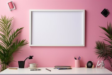 Pink workspace setting with a white frame and office supplies