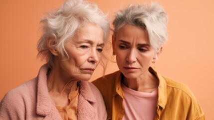Sad senior women, representing different skin tones, with elegant grey hair and neutral outfits, all photographed in a studio environment. Generative AI