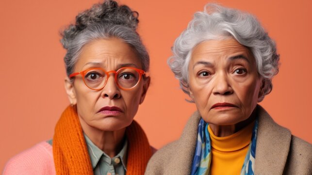 Studio image of two senior women, both showcasing anger, with diverse skin tones and grey hair. Generative AI