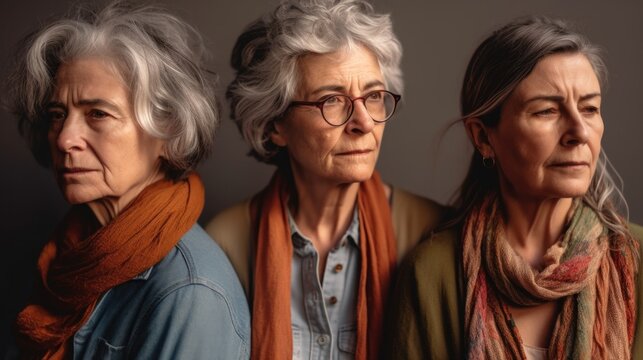 A collection of aged women, each with their distinct ethnicity, donning stylish grey hair and somber expressions in a studio setting. Generative AI