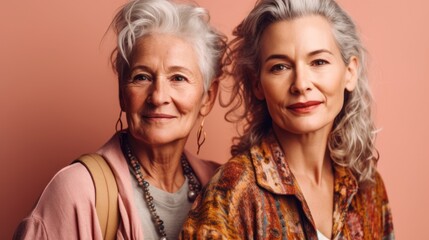 Fototapeta premium Weary elderly women, representing various skin tones, stylish grey hair, and neutral outfits, photographed in a studio setting. Generative AI