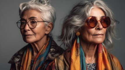 Obraz premium A picture of two tired senior women, featuring different skin tones, fashionable grey hair, and neutral attire, shot in a studio. Generative AI