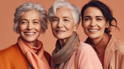A picture of senior women smiling with joy, featuring various skin tones, stylish grey hair, and neutral attire, taken in a studio. Generative AI