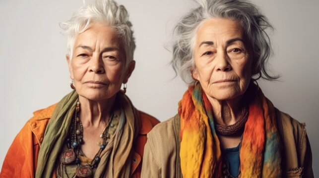 A picture of two tired senior women, featuring different skin tones, fashionable grey hair, and neutral attire, shot in a studio. Generative AI