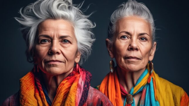 A picture of two tired senior women, featuring different skin tones, fashionable grey hair, and neutral attire, shot in a studio. Generative AI