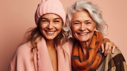 Fototapeta premium Two happy senior women in a studio shot, their smiles warmed by different skin tones, chic grey hair, and neutral attire. Generative AI