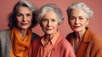 A studio photo of distressed elderly ladies, each with unique skin tones, stylish grey hair, and neutral clothing. Generative AI