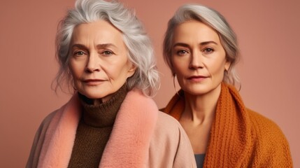 Senior women appearing disheartened, representing various skin tones, stylish grey hair, and neutral attire, photographed in a studio environment. Generative AI
