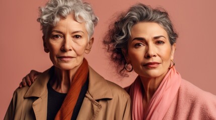 Fototapeta premium Two senior women with somber expressions, featuring varying skin tones, stylish grey hair, and neutral outfits, in a studio backdrop. Generative AI