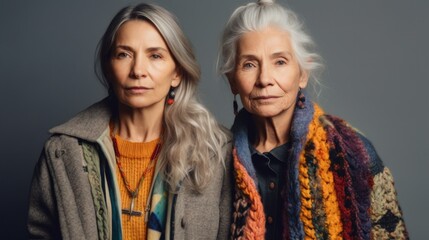 Fototapeta premium Two senior women with somber expressions, featuring varying skin tones, stylish grey hair, and neutral outfits, in a studio backdrop. Generative AI