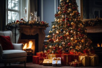 Fototapeta na wymiar Photo of a festive living room adorned with a beautifully decorated Christmas tree and piles of presents created with Generative AI technology