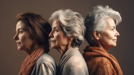 Group of angry senior women, displaying different skin tones, fashionable grey hair, and neutral outfits, photographed in a studio. Generative AI