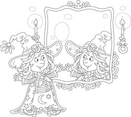 Funny little witch talking to her reflection in a magical mirror by candlelight, black and white outline vector cartoon illustration for a coloring book