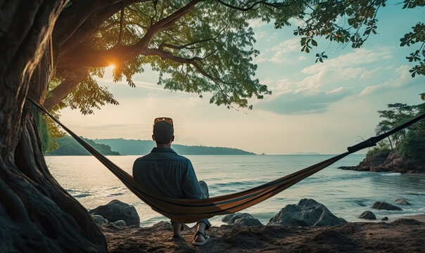 Man relaxing in a hammock by a serene lake during sunset