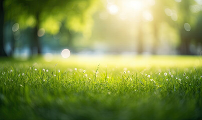 Naklejka premium Fresh lush green grass on meadow with drops of water dew.