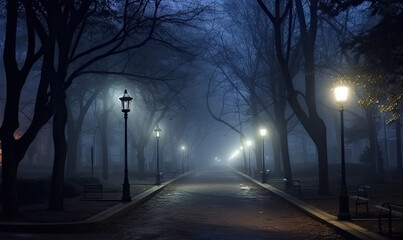 Foggy night park. Mysterious alley background.