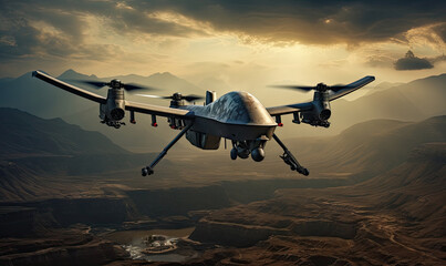 Military drone hovering over a vast desert landscape with distant mountains